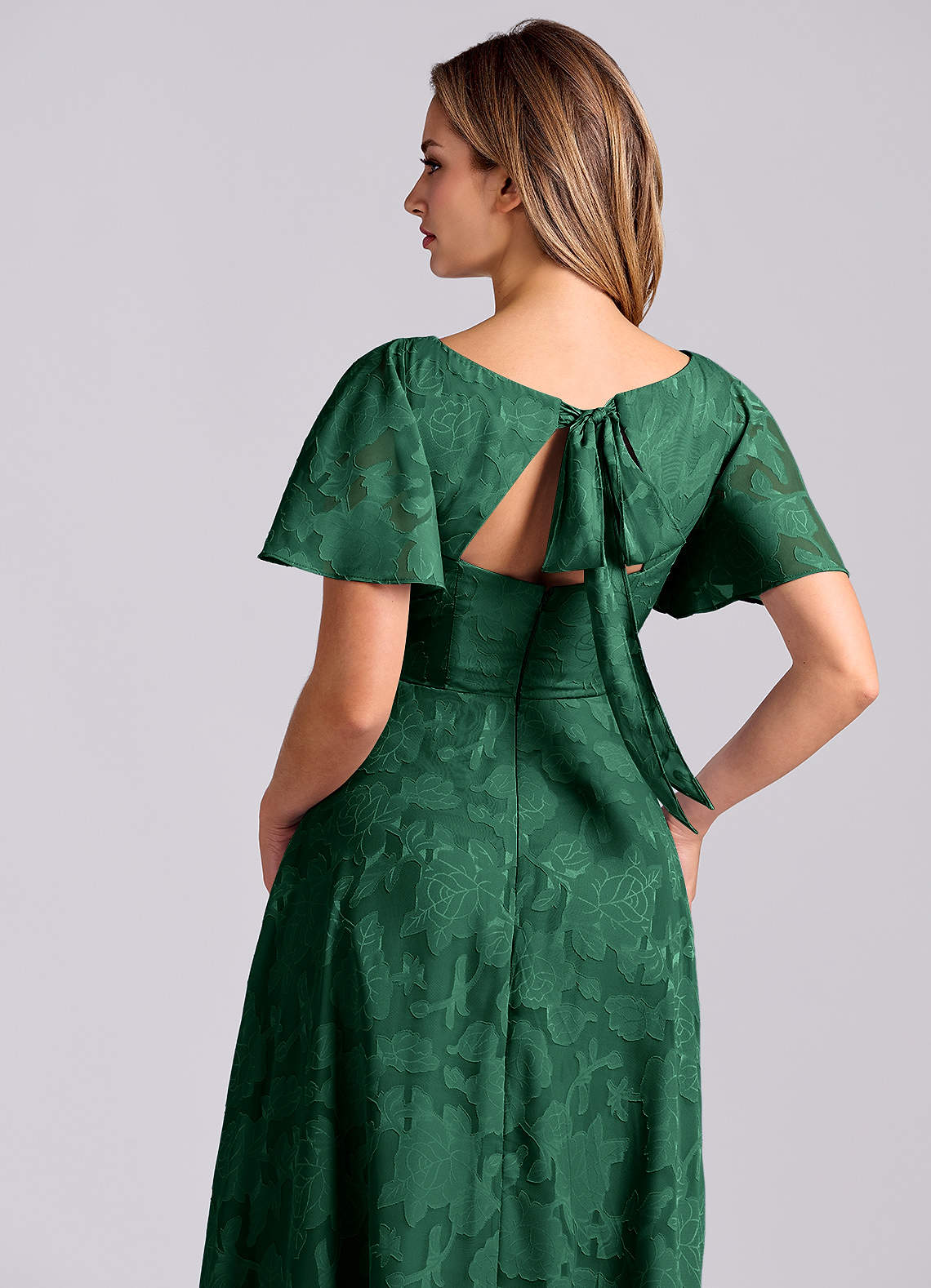 Kimber A-Line V-Neck Floral Burnout Bridesmaid Dress in Dark Green