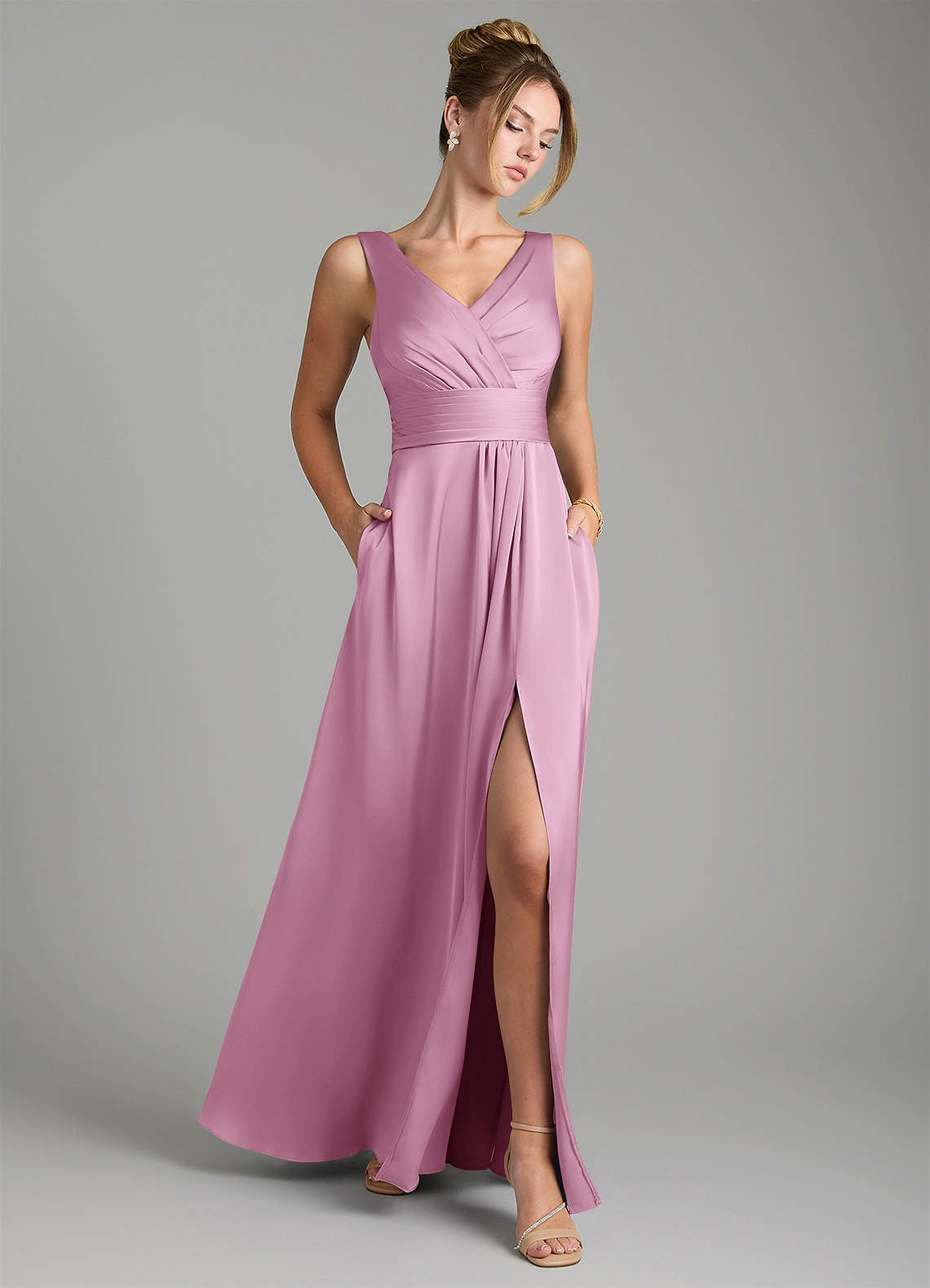 Karina A-Line V-Neck Stretch Satin Bridesmaid Dress in candy pink