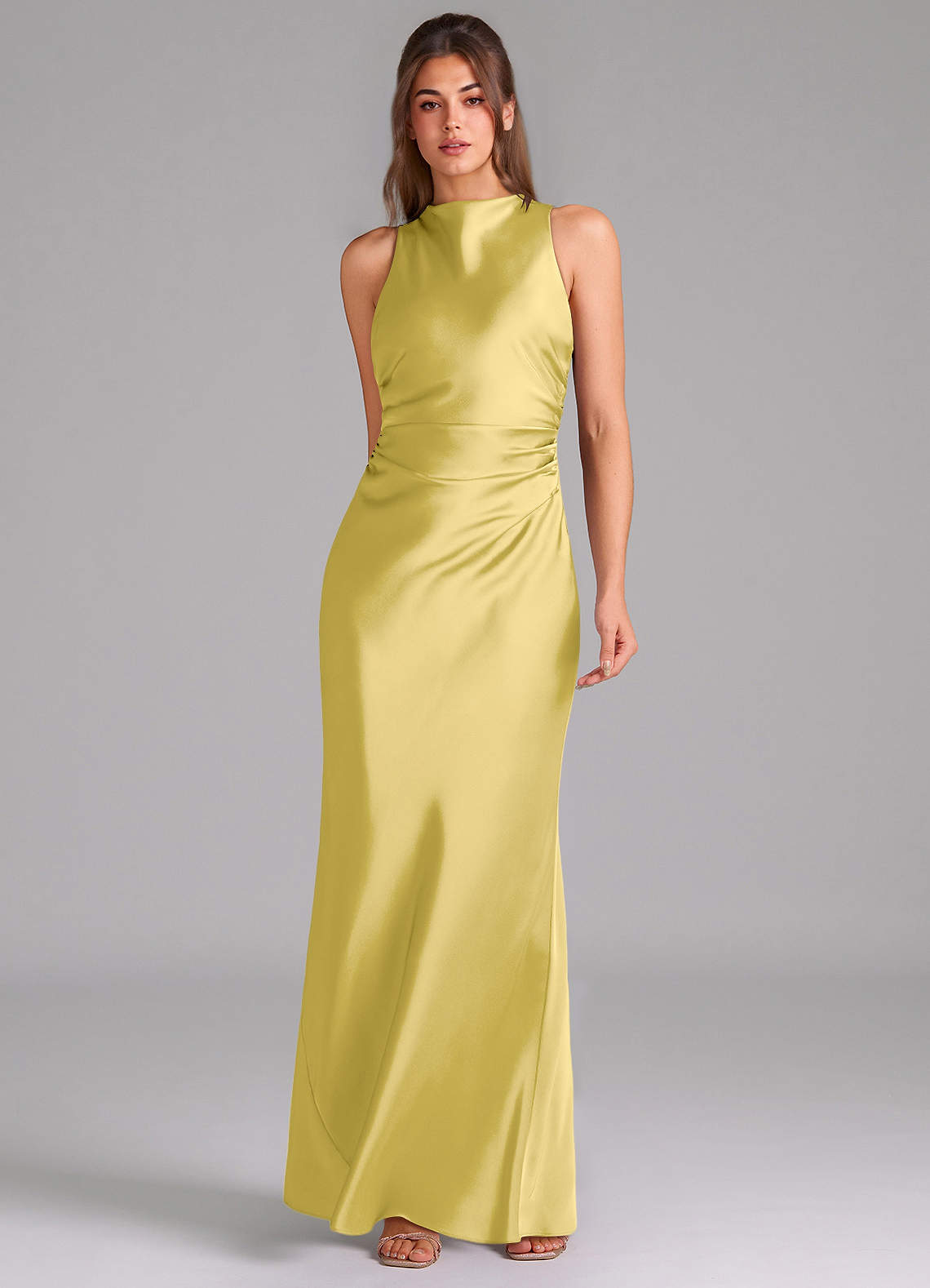 Evadne Sheath Scoop-Neck Stretch Satin Bridesmaid Dress in Canary