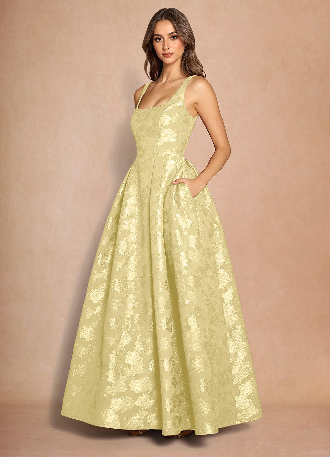Briac A-Line Scoop-Neck Fil Coupé Evening Dress in Lemon Sorbet