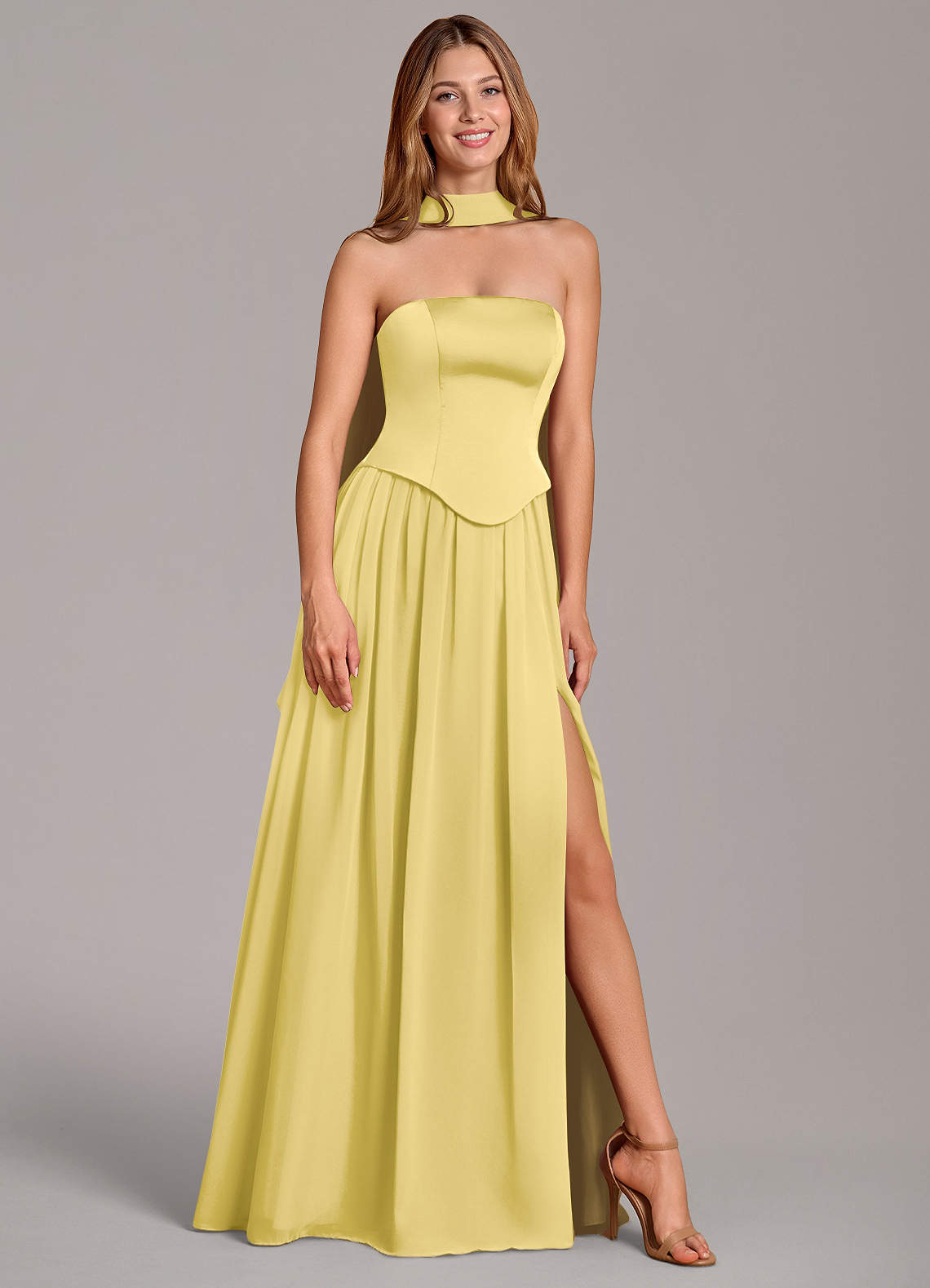 Cadence A-Line Strapless Chiffon and Stretch Satin Bridesmaid Dress in Canary