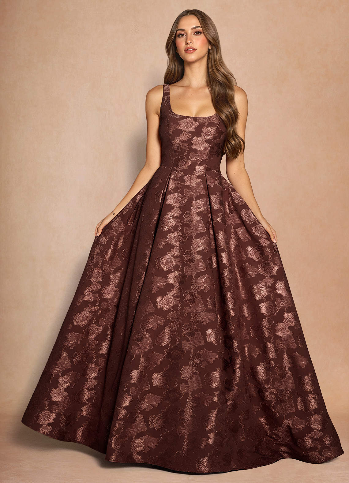 Briac A-Line Scoop-Neck Fil Coupé Evening Dress in Mocha Coco