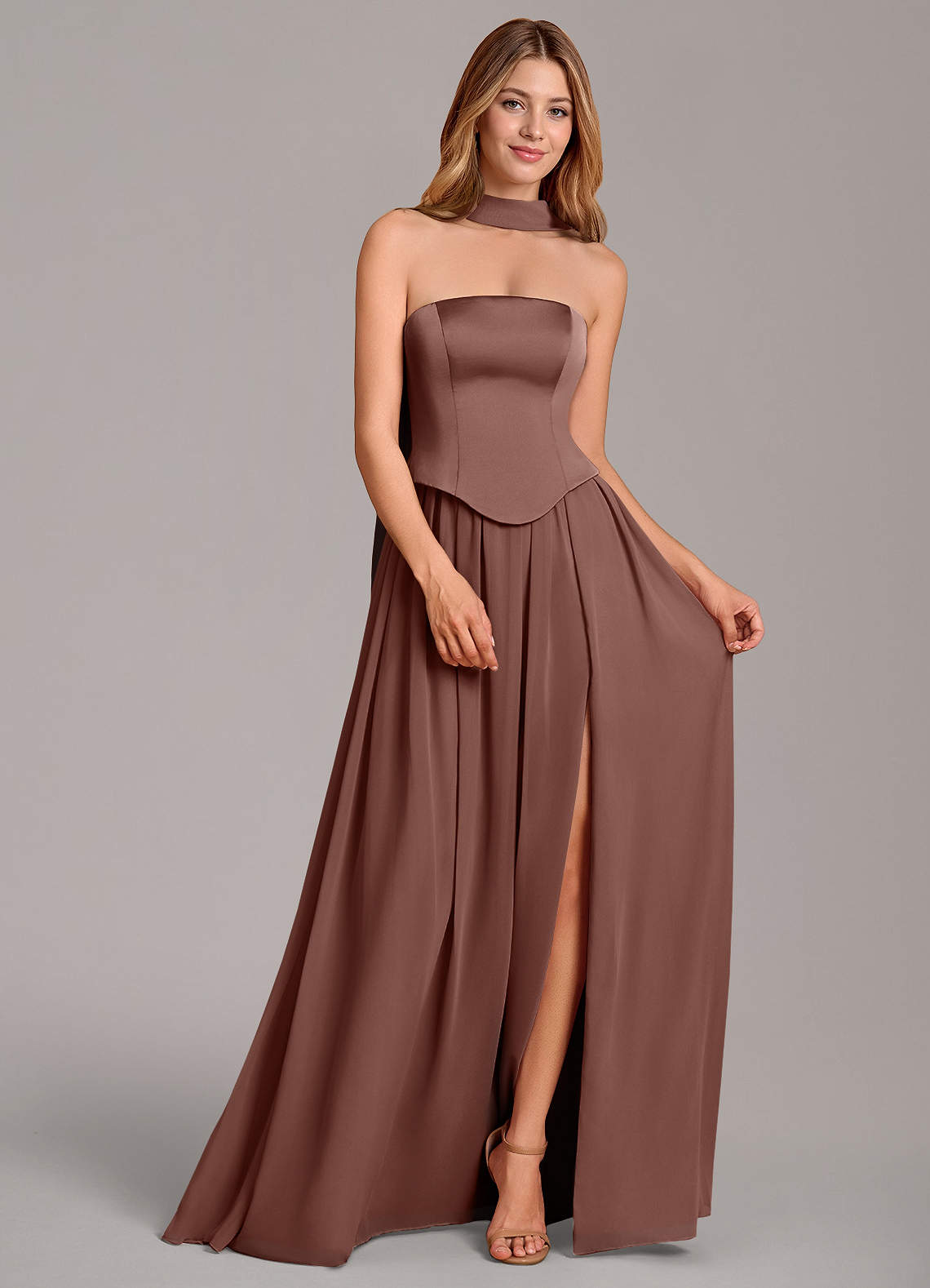 Cadence A-Line Strapless Chiffon and Stretch Satin Bridesmaid Dress in Espresso