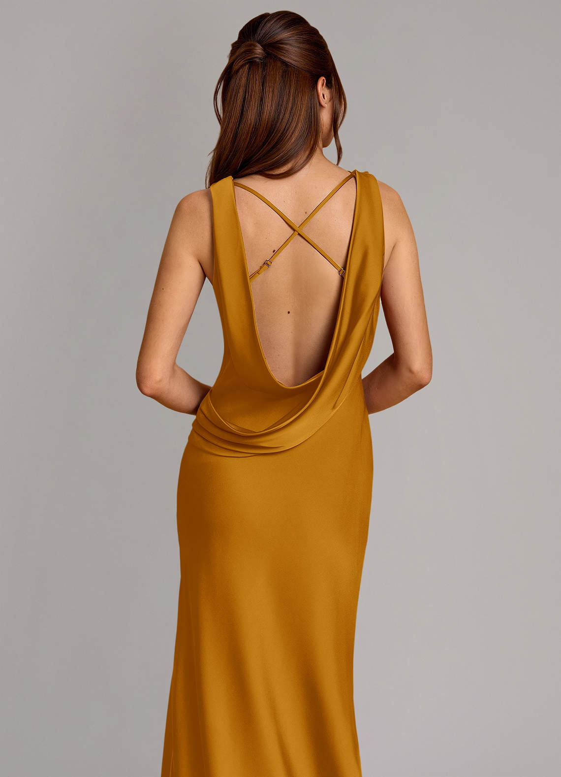 Cheryl Mermaid Cowl-Neck Stretch Satin Bridesmaid Dress in butterscotch