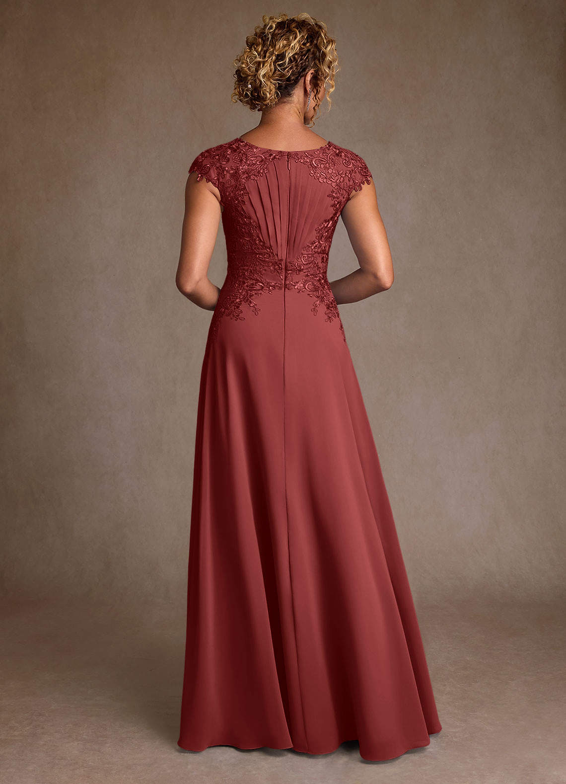 Christi A-Line Scoop-Neck Chiffon and Lace Mother of the Bride Dress in Terracotta