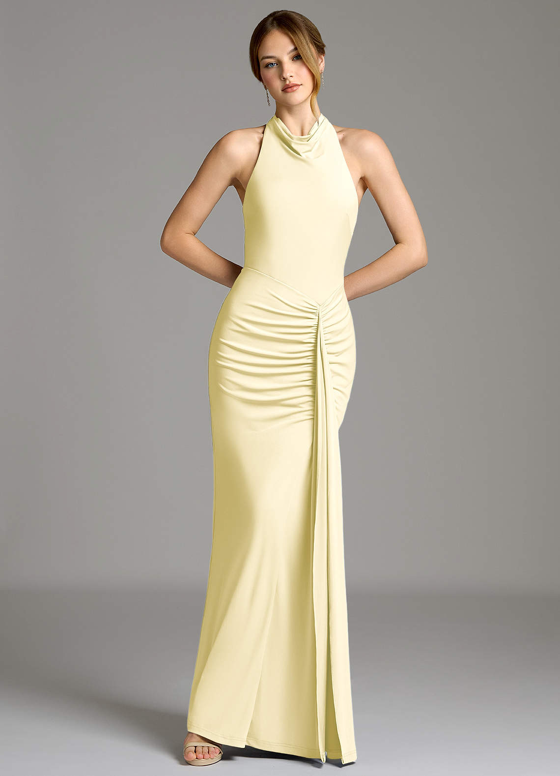 Raevynn Mermaid Halter Stretch Jersey Bridesmaid Dress in Lemon Sorbet