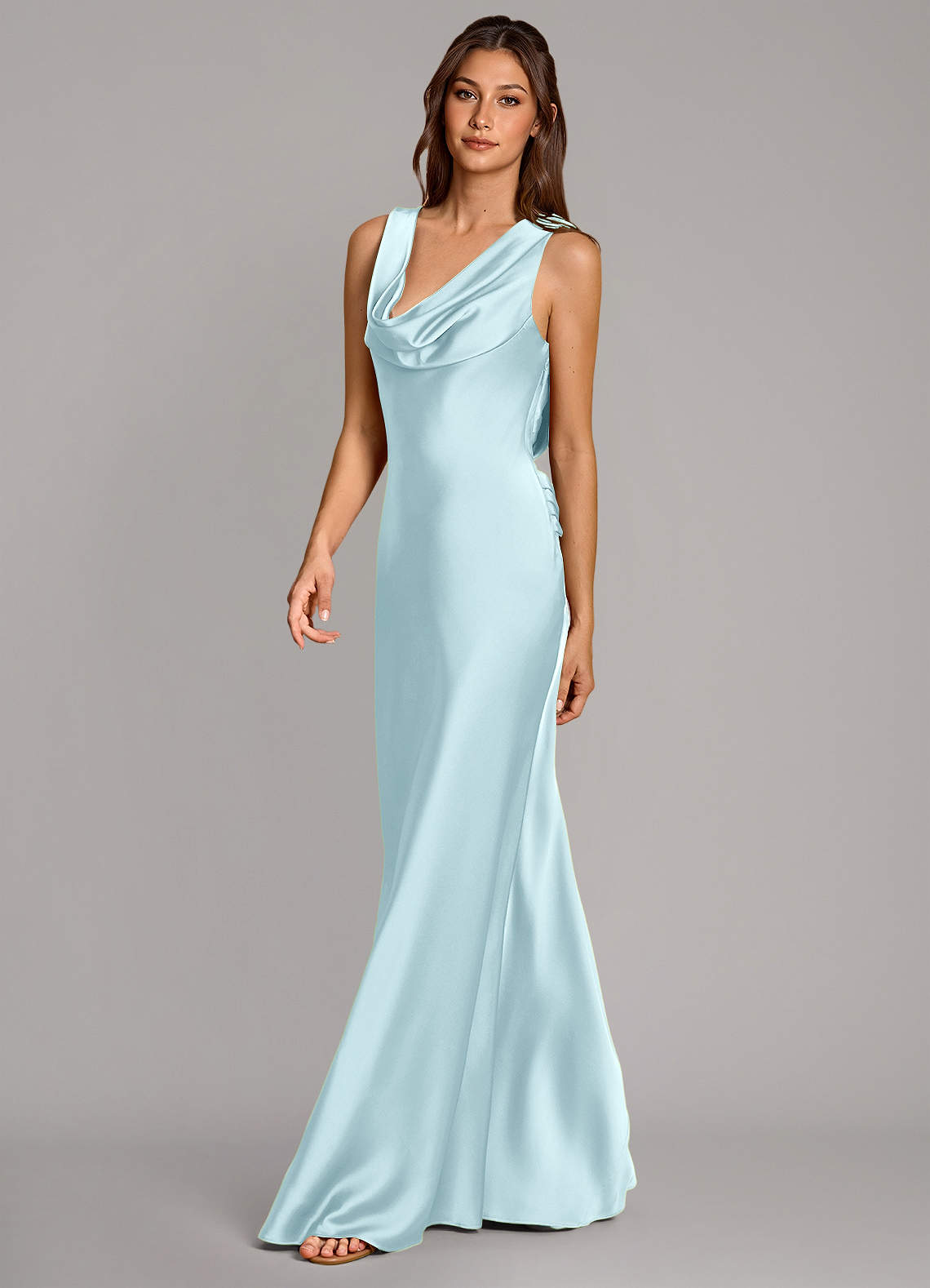 Cheryl Mermaid Cowl-Neck Stretch Satin Bridesmaid Dress in Cloud Blue
