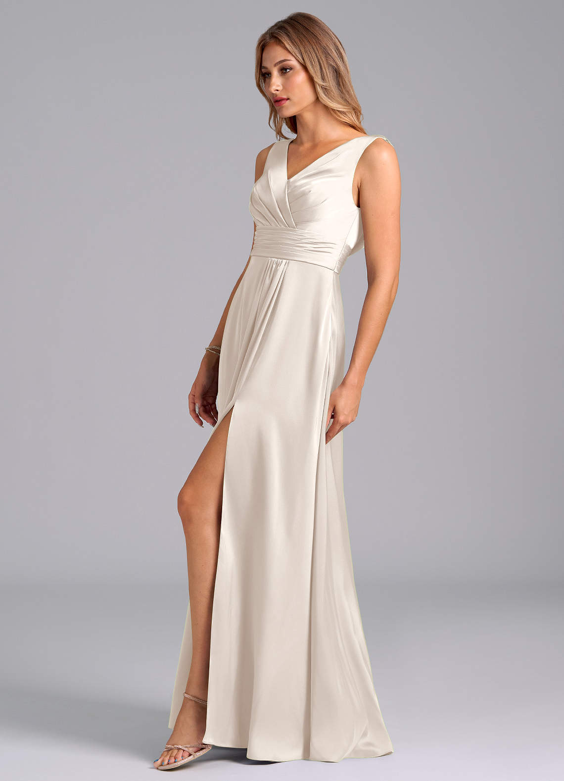 Karina A-Line V-Neck Stretch Satin Bridesmaid Dress in White Alabaster
