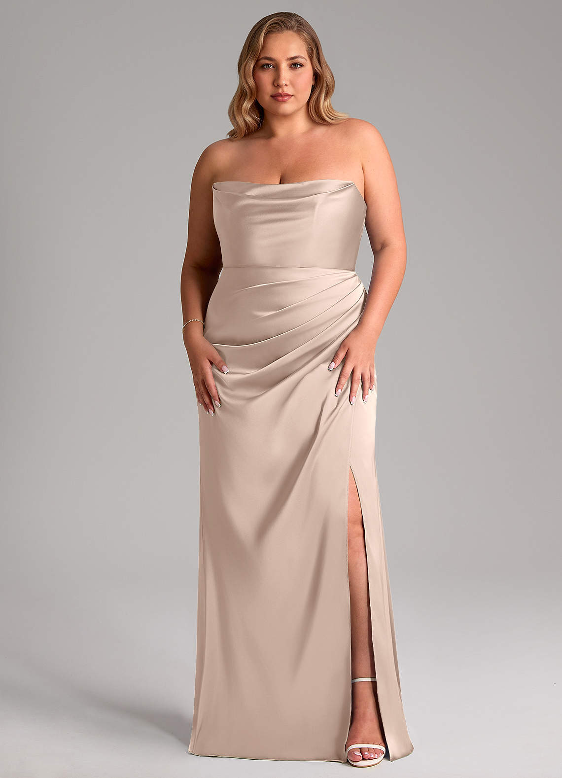Leonis Mermaid Cowl-Neck Stretch Satin Bridesmaid Dress in English Rose