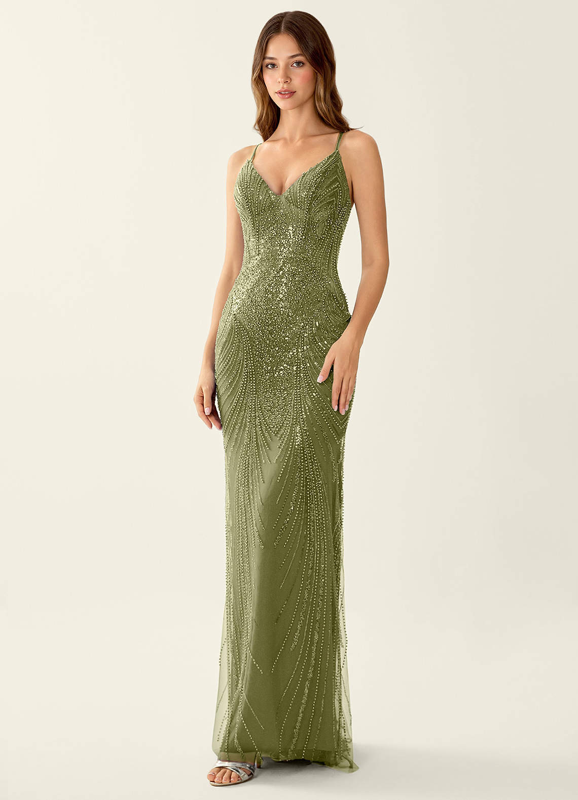 Magnolia Mermaid Beaded Sequined Stretch Mesh Evening Dress in Olive