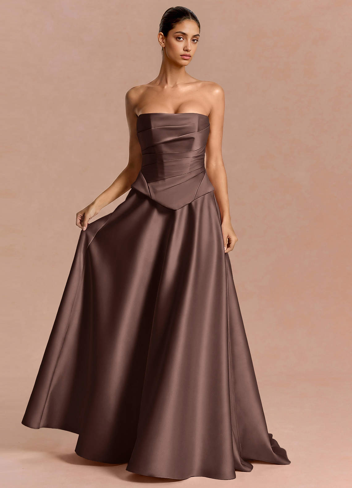 Eponine A-Line Pleated Stretch Satin Evening Dress in Truffle