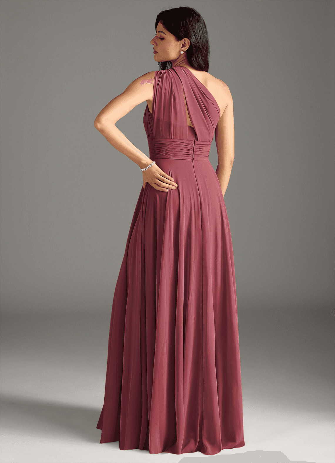 Charlize A-Line One-Shoulder Chiffon Bridesmaid Dress in Merlot