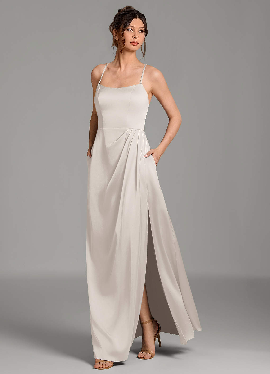 Frankie A-Line Scoop-Neck Stretch Satin Bridesmaid Dress in White Alabaster