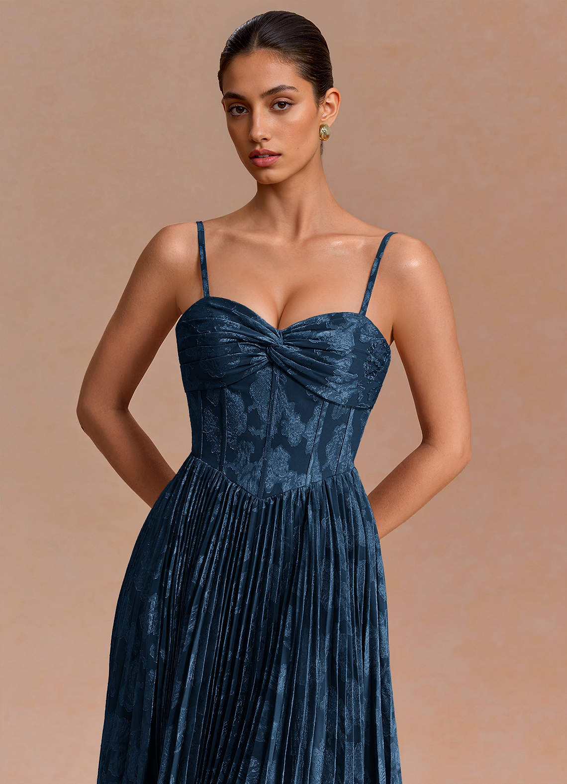 Delfina A-Line Twisted-Bust Fil Coupé Evening Dress in Navy