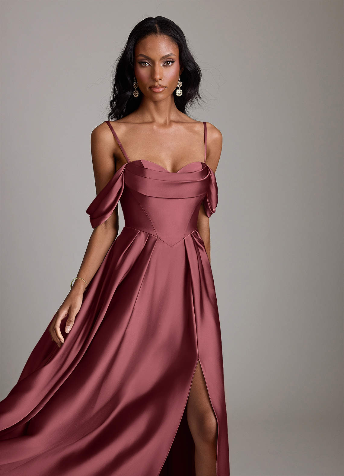 Loisa A-Line Off-the-Shoulder Stretch Satin Bridesmaid Dress in Merlot