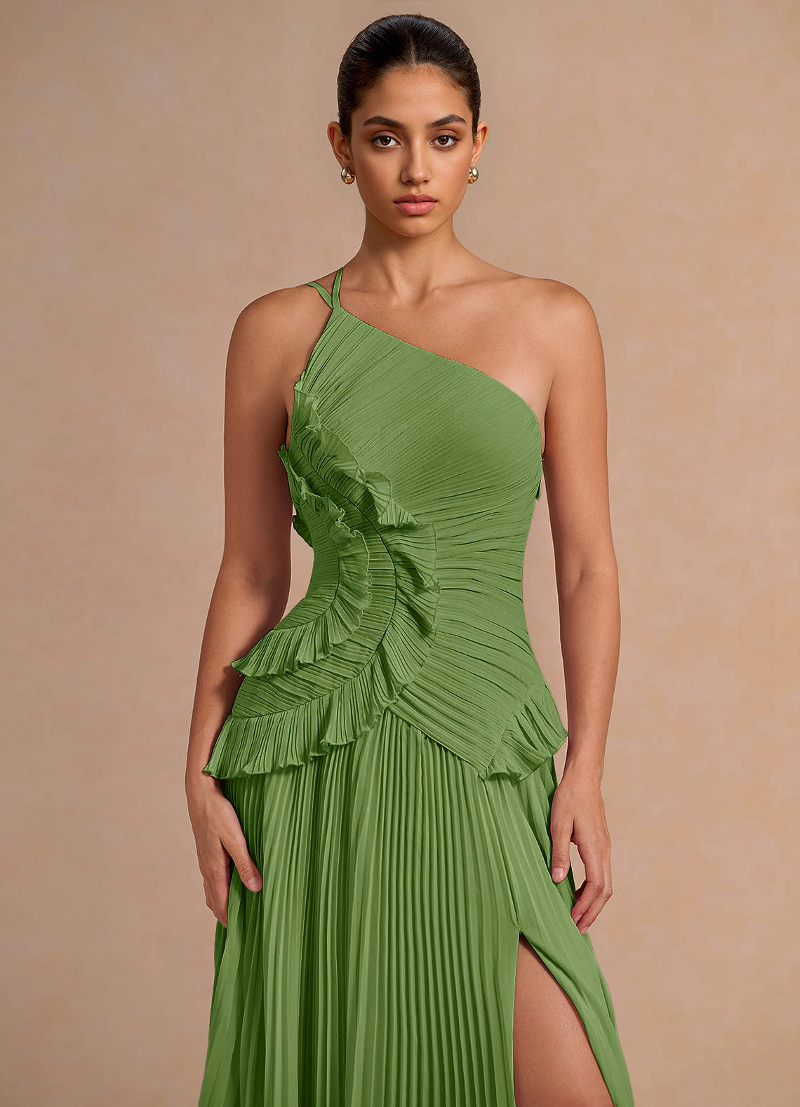 Melody A-Line One-Shoulder Chiffon Evening Dress in Herb Green