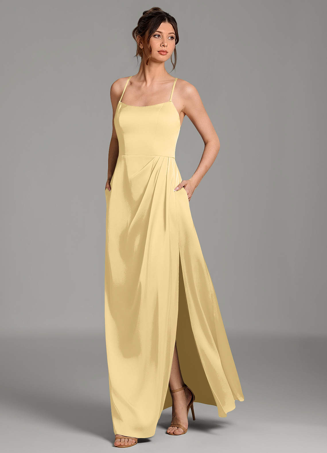 Frankie A-Line Scoop-Neck Stretch Satin Bridesmaid Dress in Butter