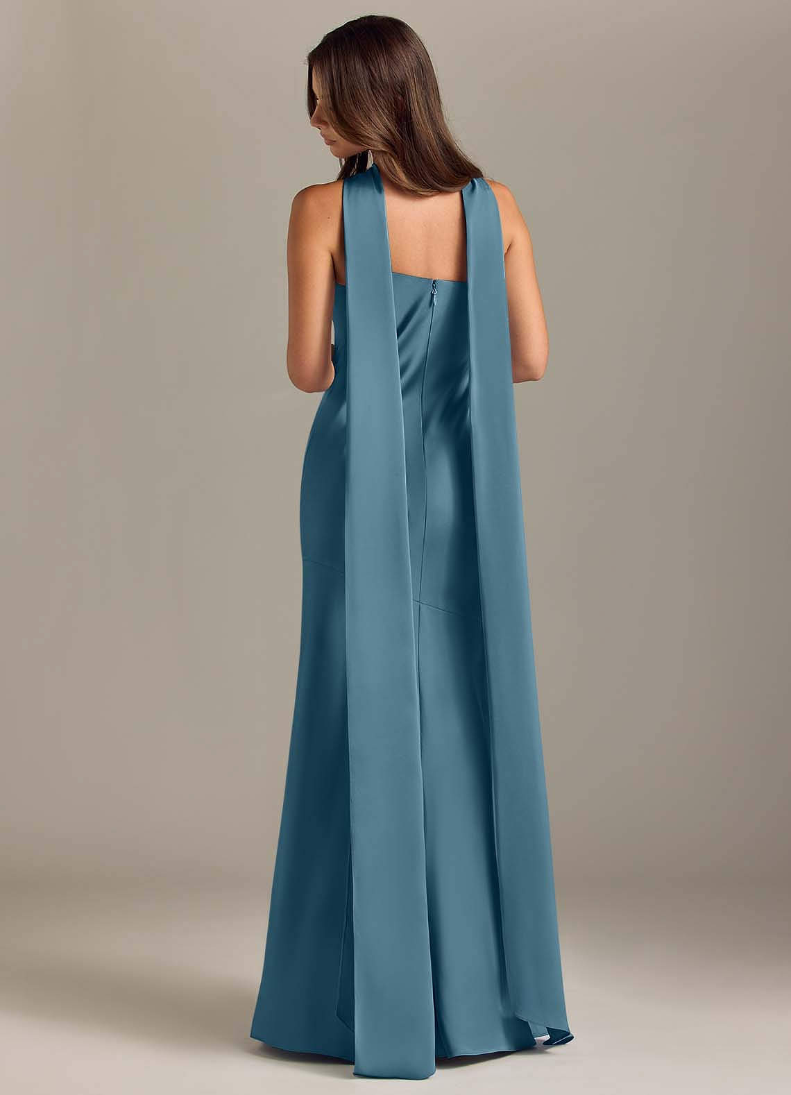 Kinsley Mermaid Halter Stretch Satin Bridesmaid Dress in Bermuda