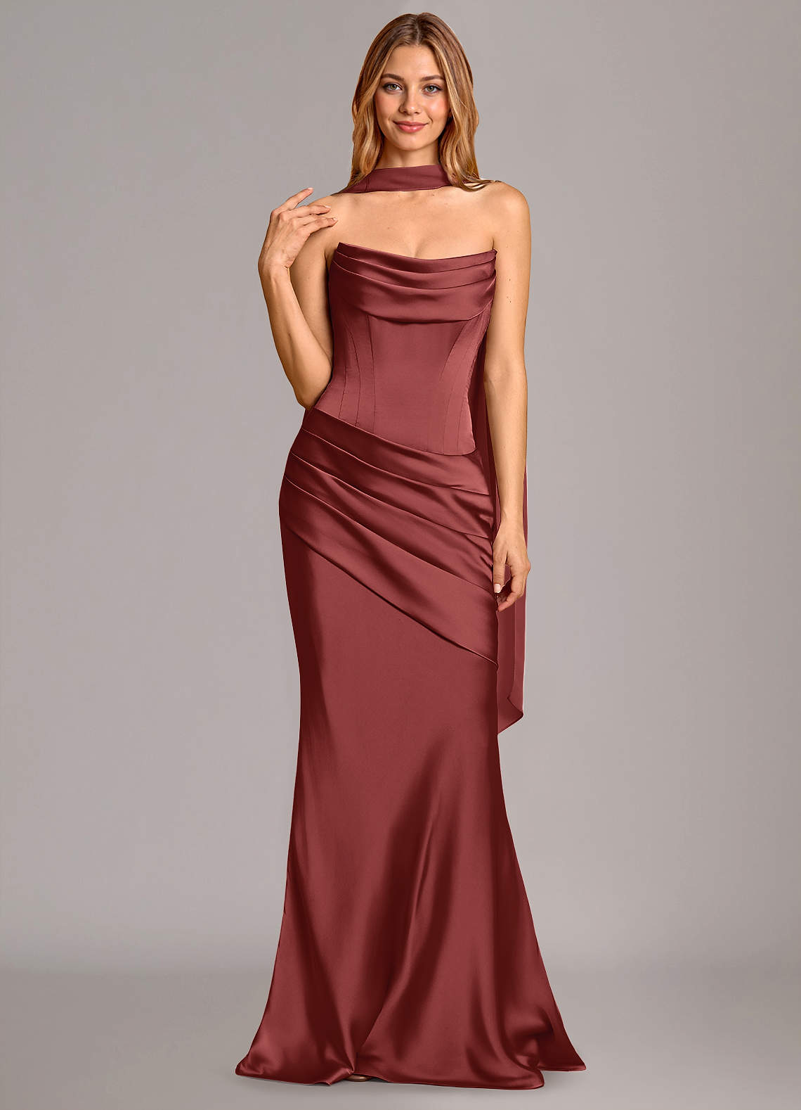 Pelagia Mermaid Cowl-Neck Stretch Satin Bridesmaid Dress in Terracotta