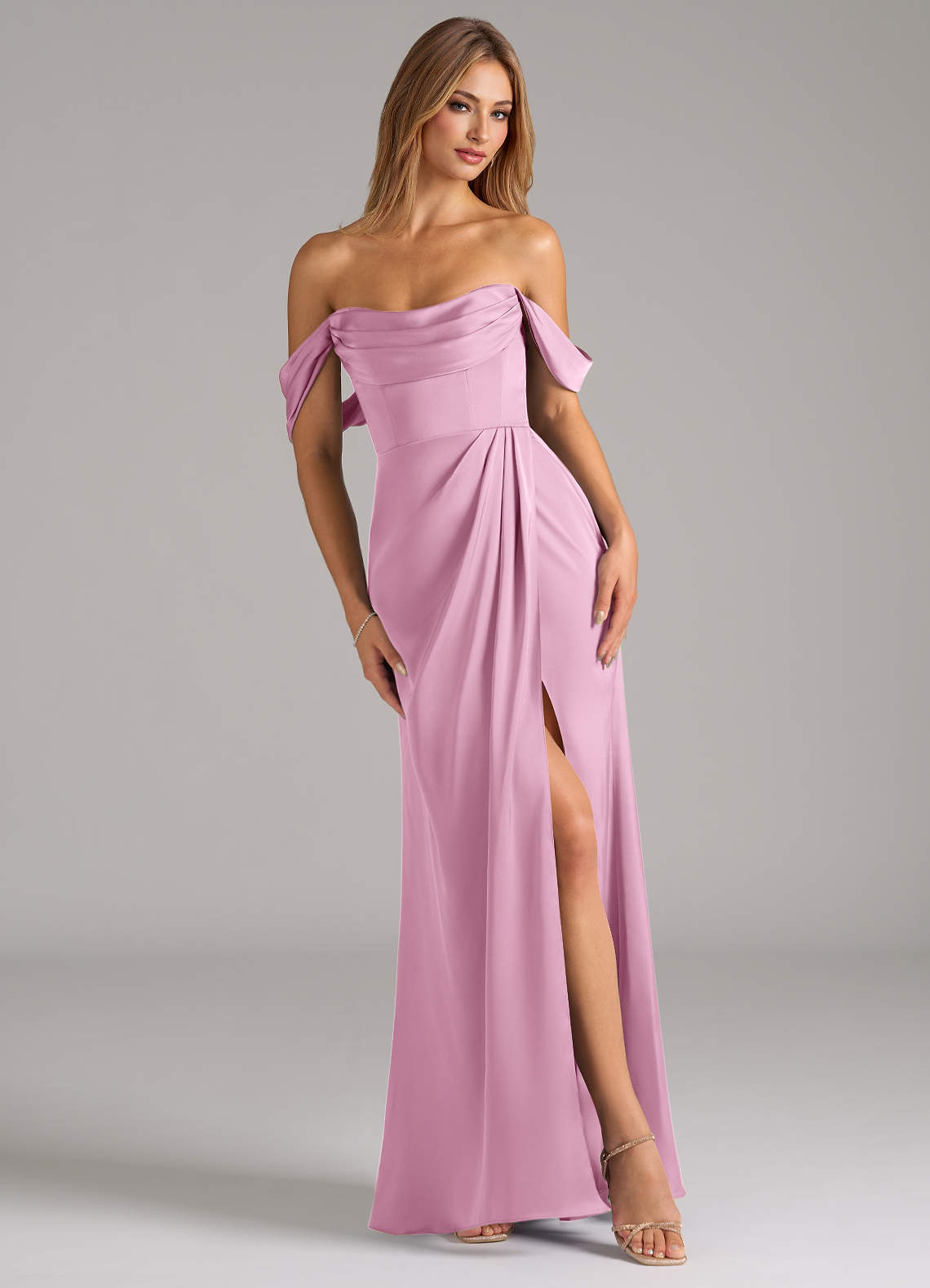 Johana Mermaid Off-the-Shoulder Stretch Satin Bridesmaid Dress in candy pink