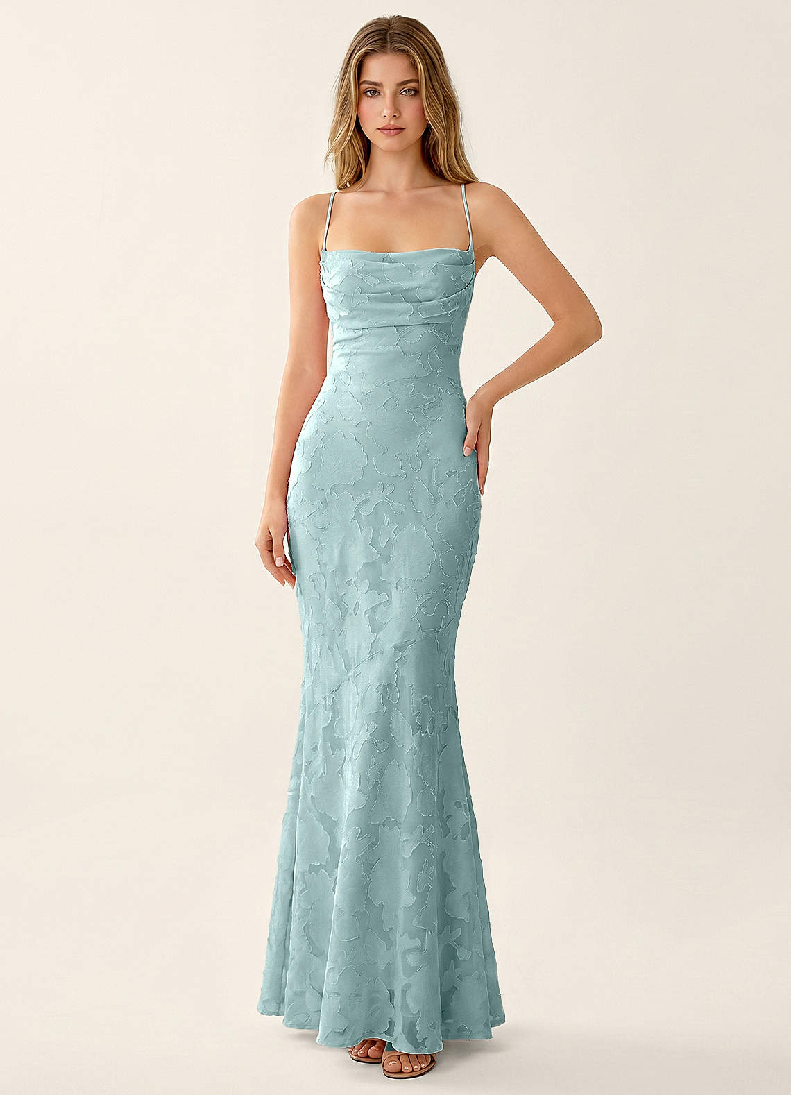 Natasha Mermaid Spaghetti-Strap Floral Burnout Evening Dress in Mist