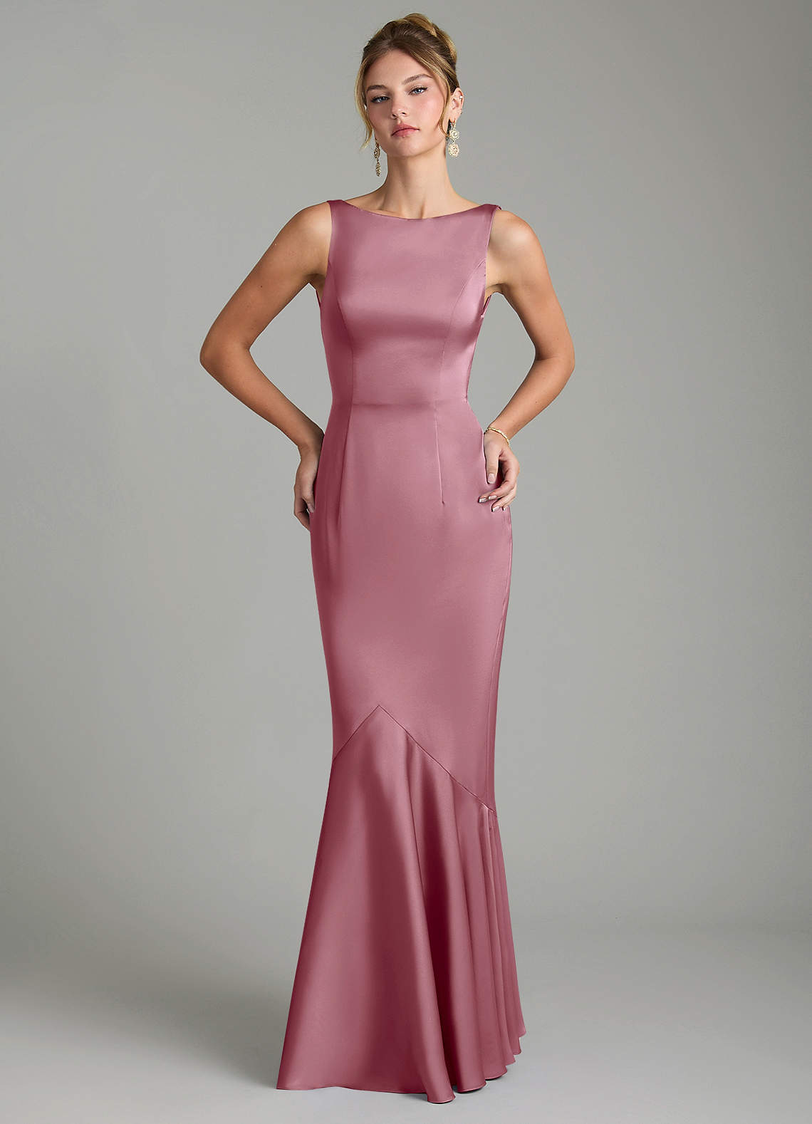 Tamera Mermaid Boat-Neck Stretch Satin and Chiffon Bridesmaid Dress in Vintage Mauve