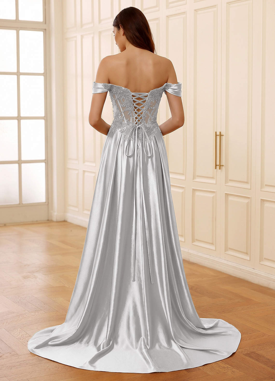 Rowane A-Line Off-the-Shoulder Satin Evening Dress in Silver