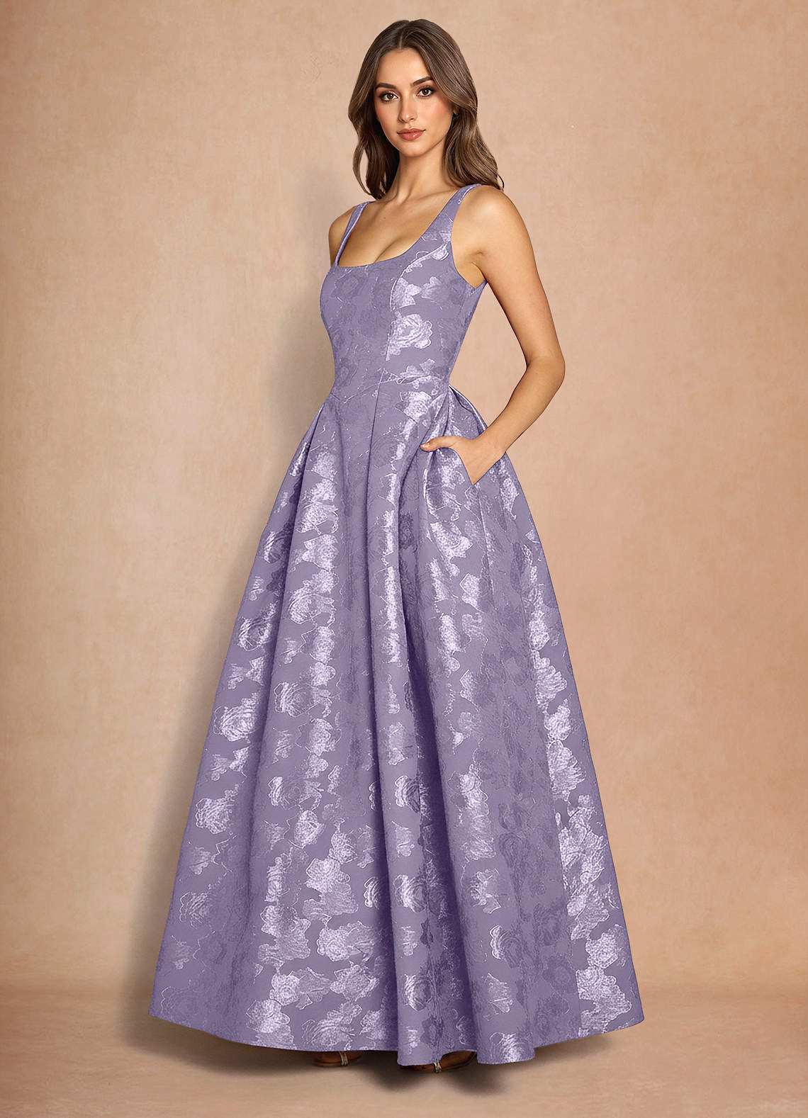 Briac A-Line Scoop-Neck Fil Coupé Evening Dress in Lilac