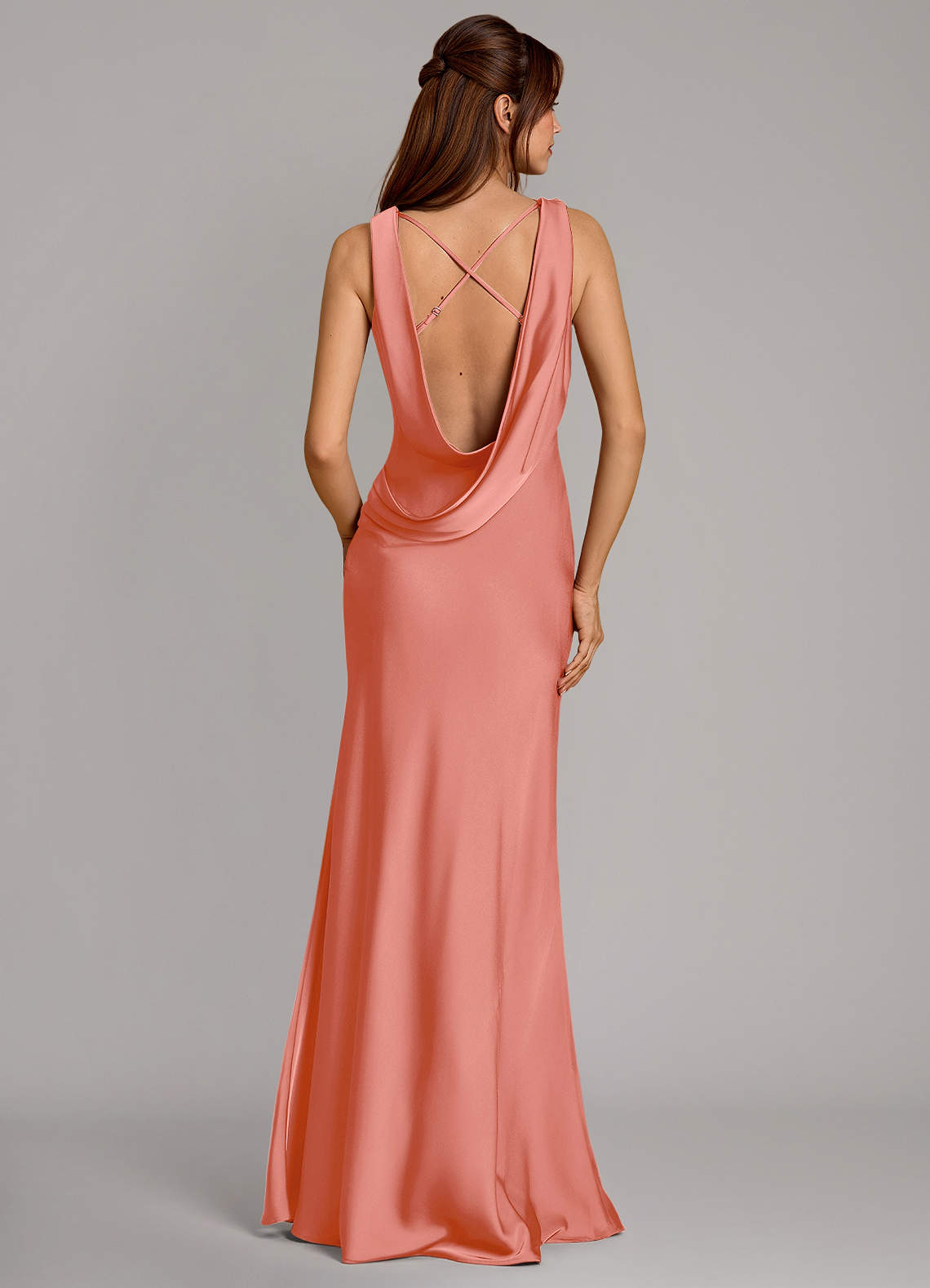 Cheryl Mermaid Cowl-Neck Stretch Satin Bridesmaid Dress in Salmon Pink