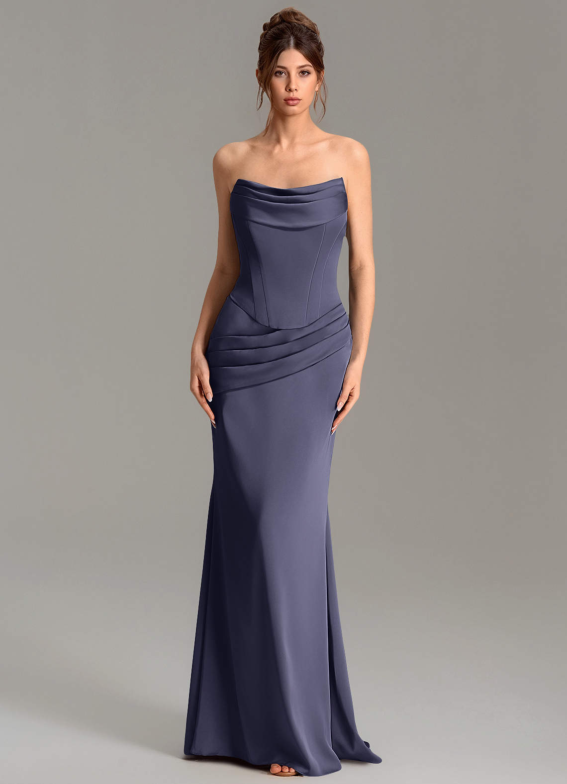 Adrienne Mermaid Cowl-Neck Stretch Satin Bridesmaid Dress in Stormy