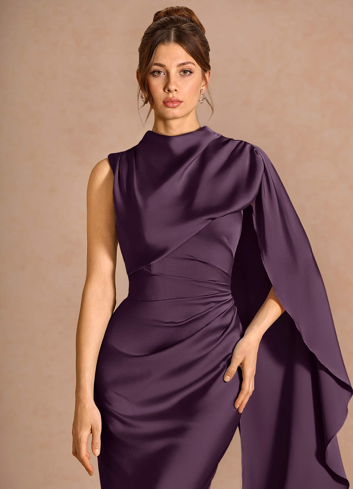 Chesney Cape-Sleeve Pleated Stretch Satin Wedding Guest Dress in Dark Purple