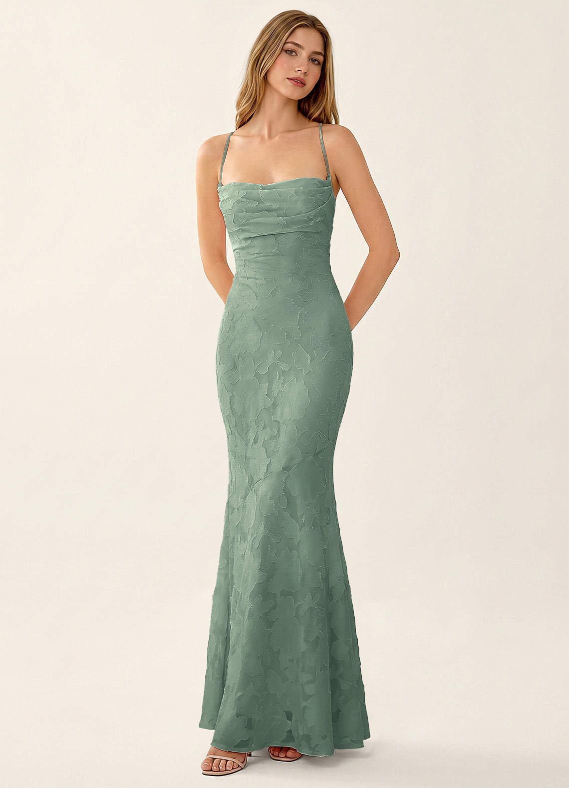 Natasha Mermaid Spaghetti-Strap Floral Burnout Evening Dress in Aloe Green