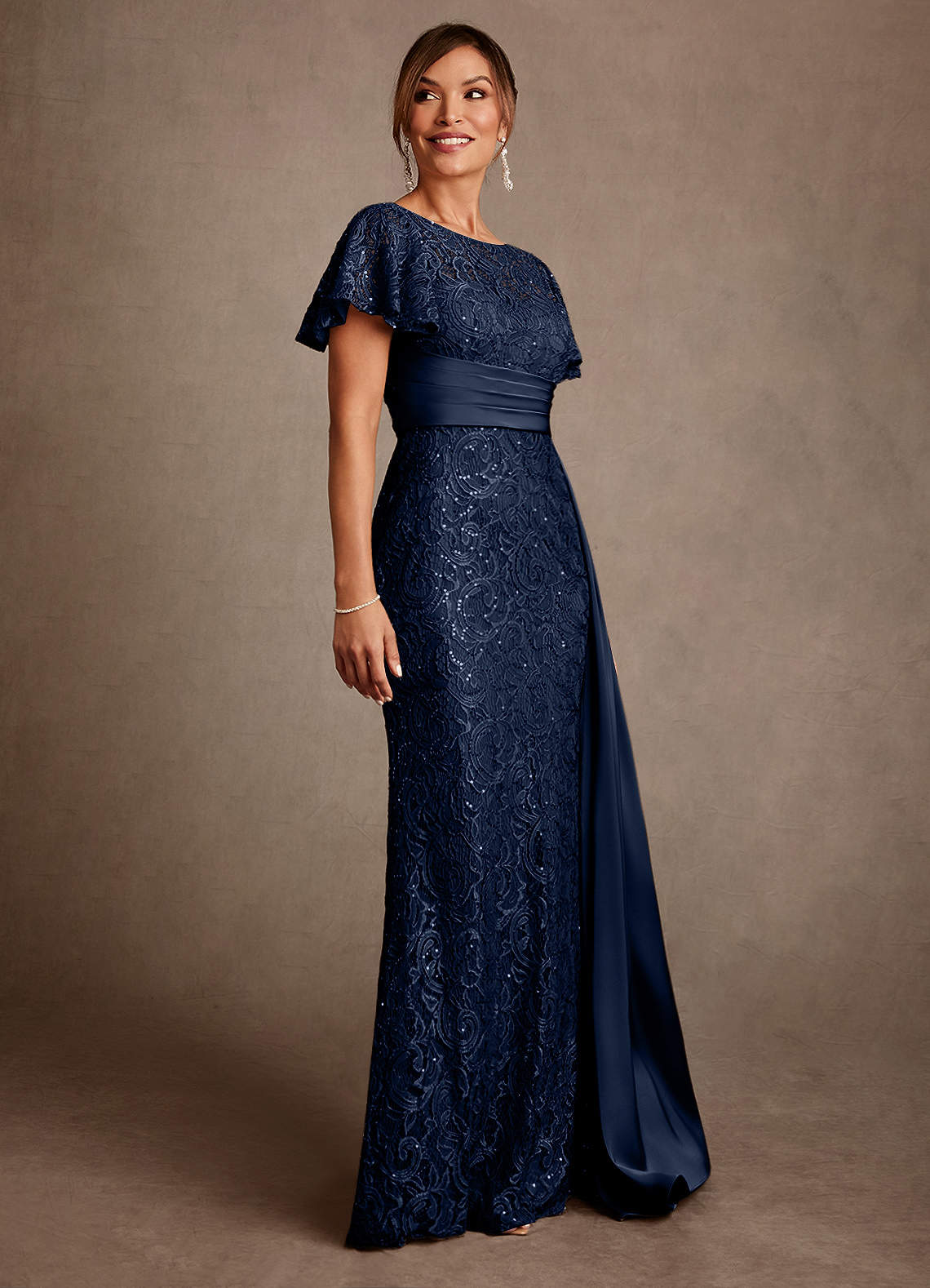Harrison Mermaid Scoop-Neck Stretch Satin and Lace Mother of the Bride Dress in Dark Navy