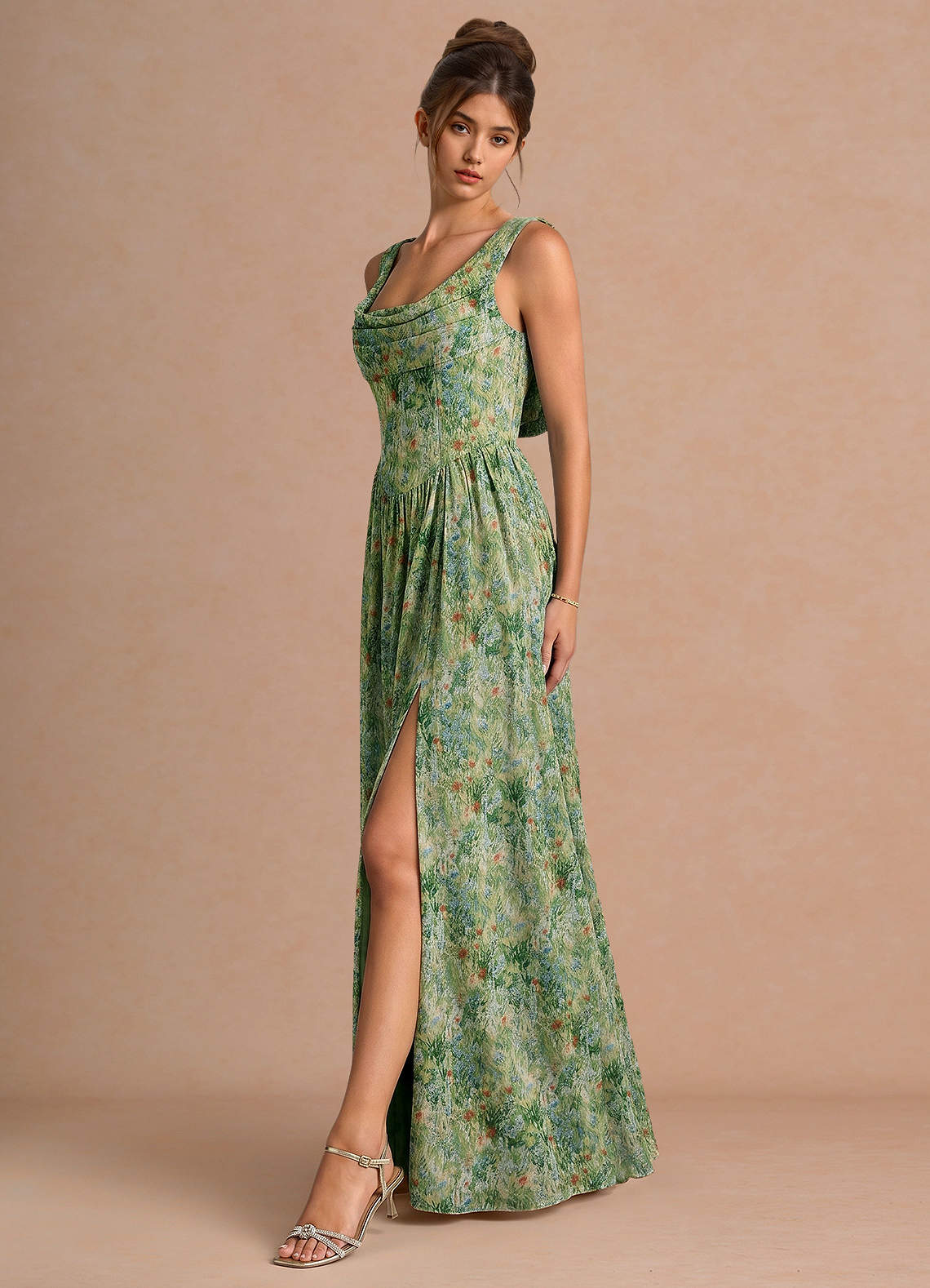 Aurore A-Line Cowl-Neck Chiffon Wedding Guest Dress in Green Floral