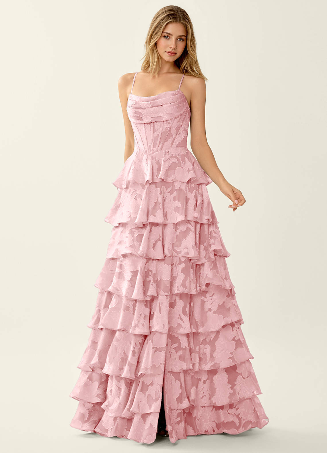 Wrenana A-Line Cowl-Neck Floral Burnout Evening Dress in Coral Pink