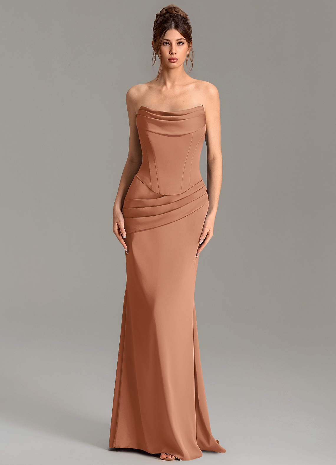 Adrienne Mermaid Cowl-Neck Stretch Satin Bridesmaid Dress in Bronzer