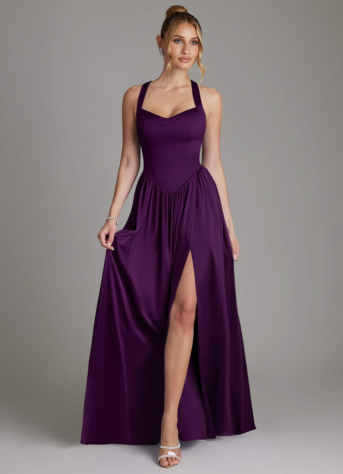 Francis A-Line V-Neck Stretch Satin Bridesmaid Dress in Grape