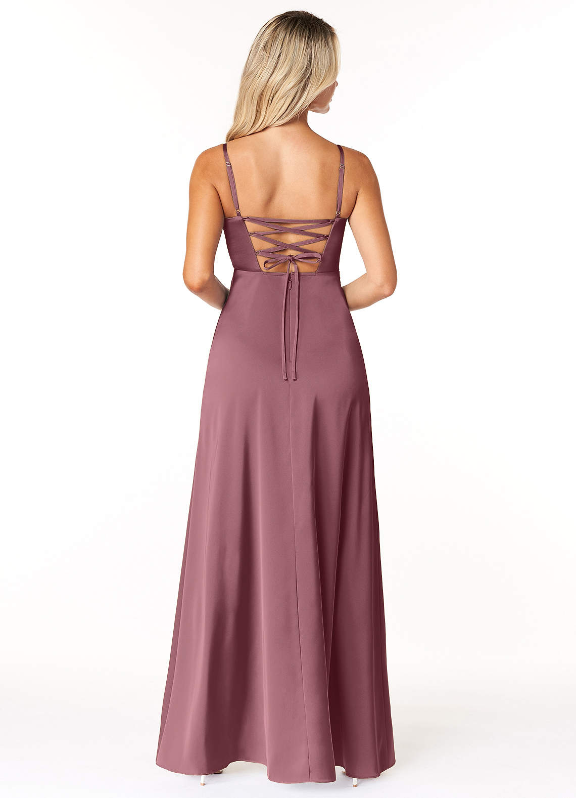 Marchella A-Line V-Neck Stretch Satin Bridesmaid Dress in Desert Rose