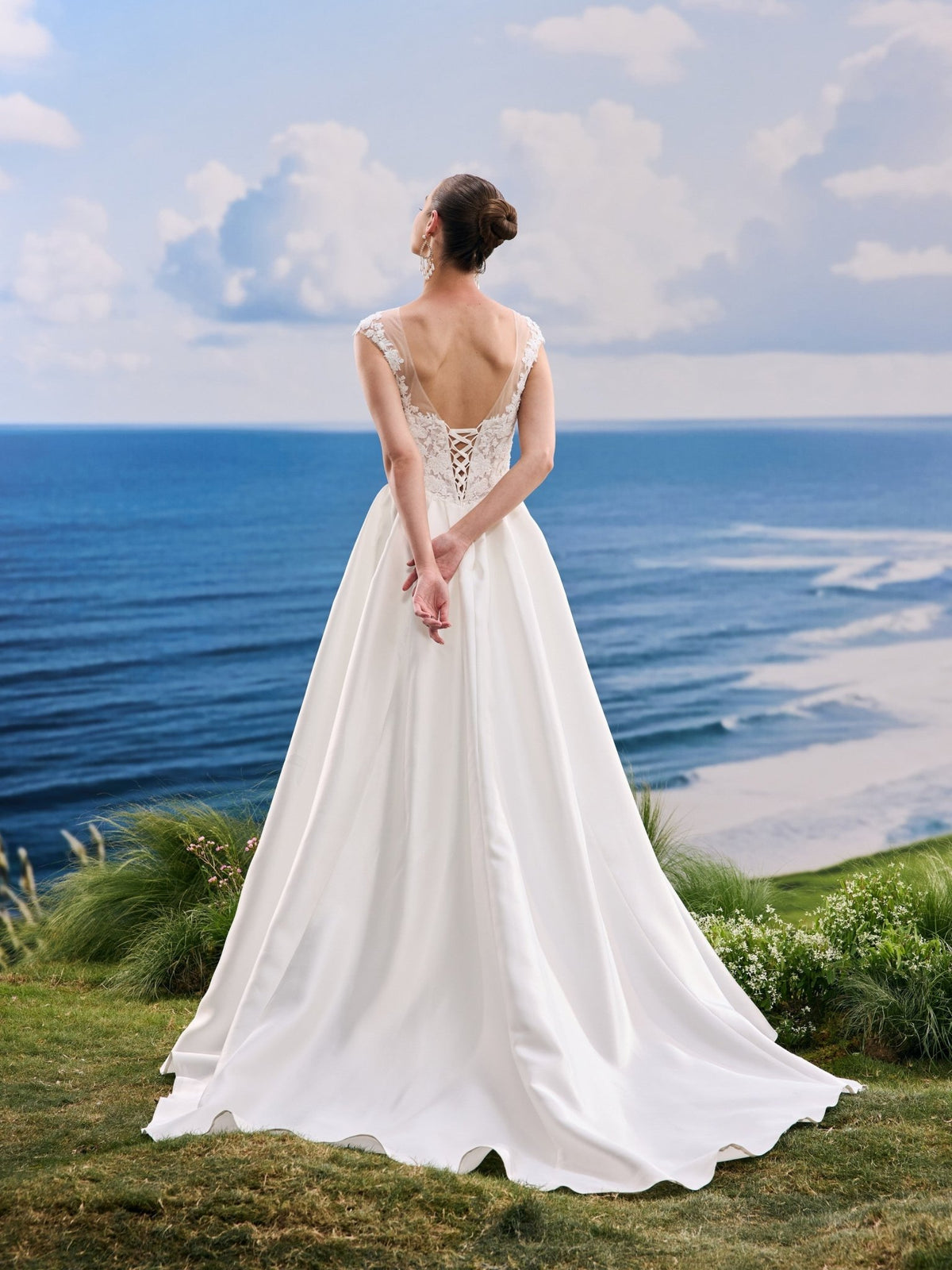Faelia white A-Line wedding dress, back view