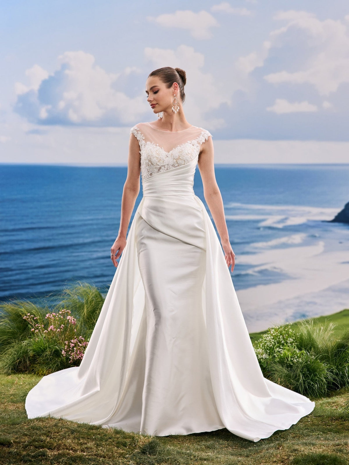 Faelia white A-Line wedding dress, detail and alternate angle