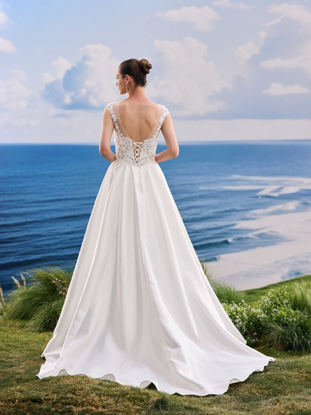 Faelia white A-Line wedding dress, back view