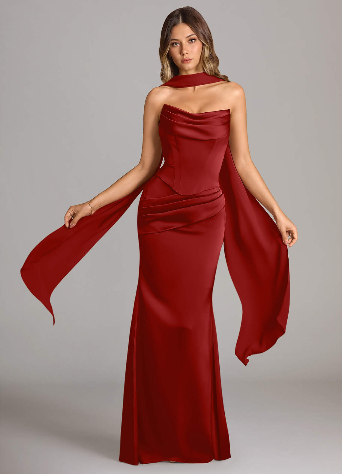 Sorrel Mermaid Cowl-Neck Stretch Satin and Chiffon Bridesmaid Dress in Pomegranate
