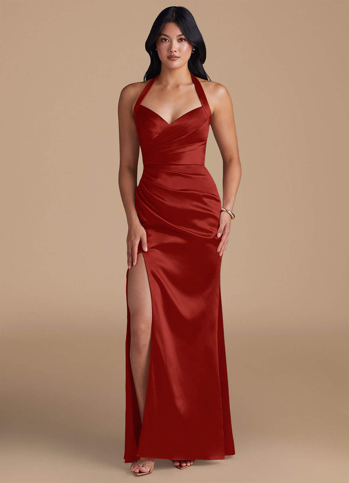 Emeria Sheath Halter Metallic Satin Bridesmaid Dress in Rust