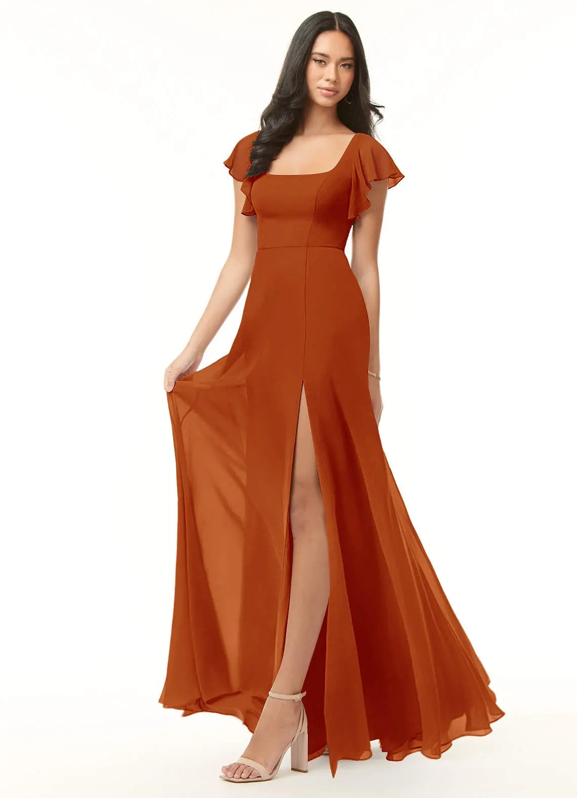 Bondi A-Line Square-Neck Chiffon Bridesmaid Dress in Paprika