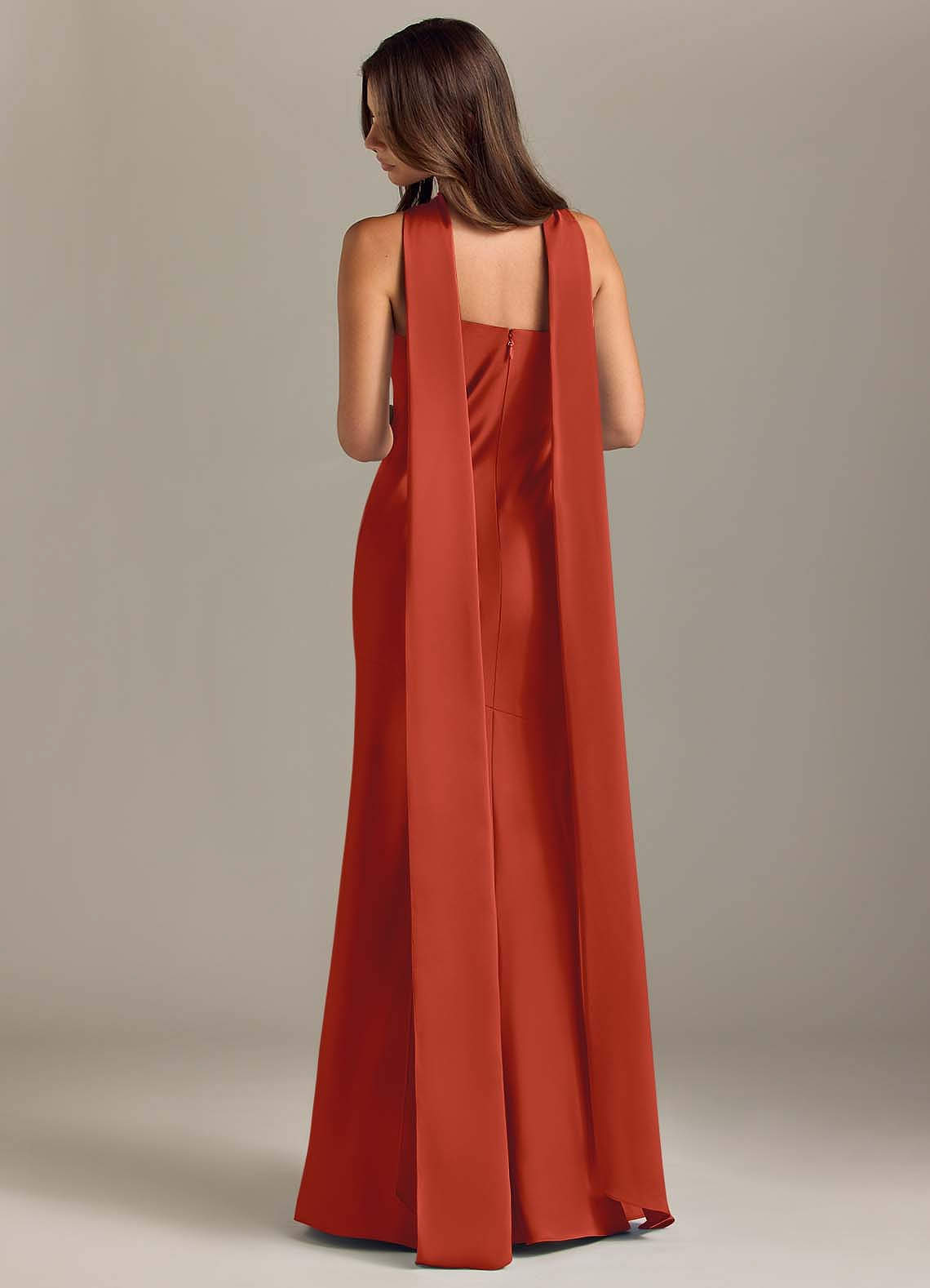 Kinsley Mermaid Halter Stretch Satin Bridesmaid Dress in Rust