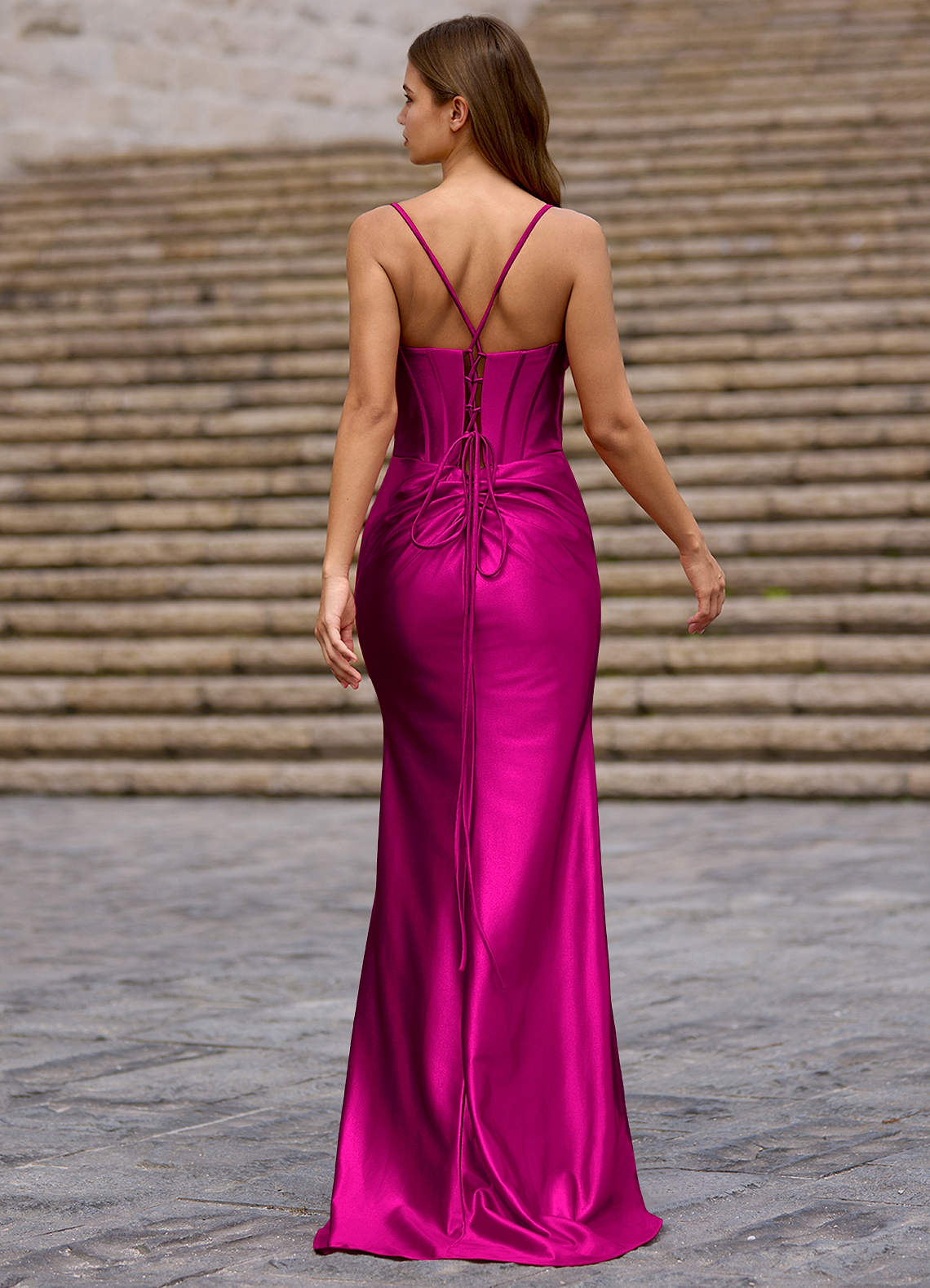 Glow Strapless Corset Slit Stretch Satin Evening Dress in Rose