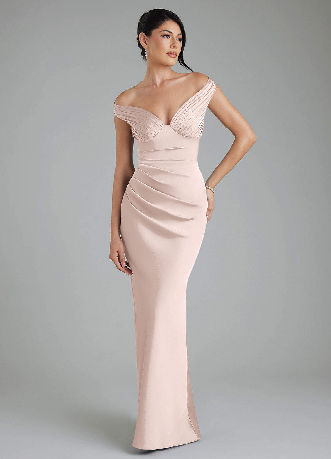 Stella Sheath V-Neck Stretch Satin Bridesmaid Dress in Blushing Pink