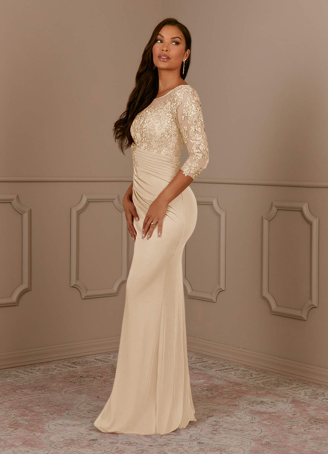 Fatemah Mermaid Scoop-Neck Lace and Mesh Mother of the Bride Dress in champagne