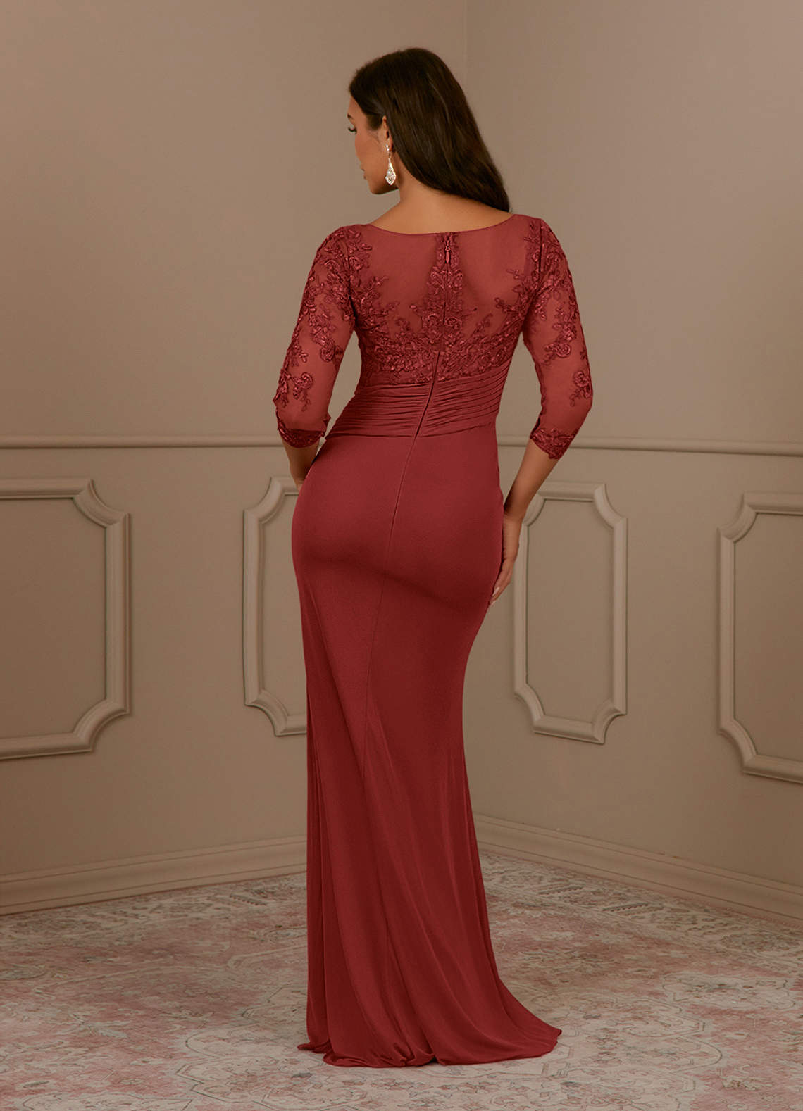 Fatemah Mermaid Scoop-Neck Lace and Mesh Mother of the Bride Dress in Rust