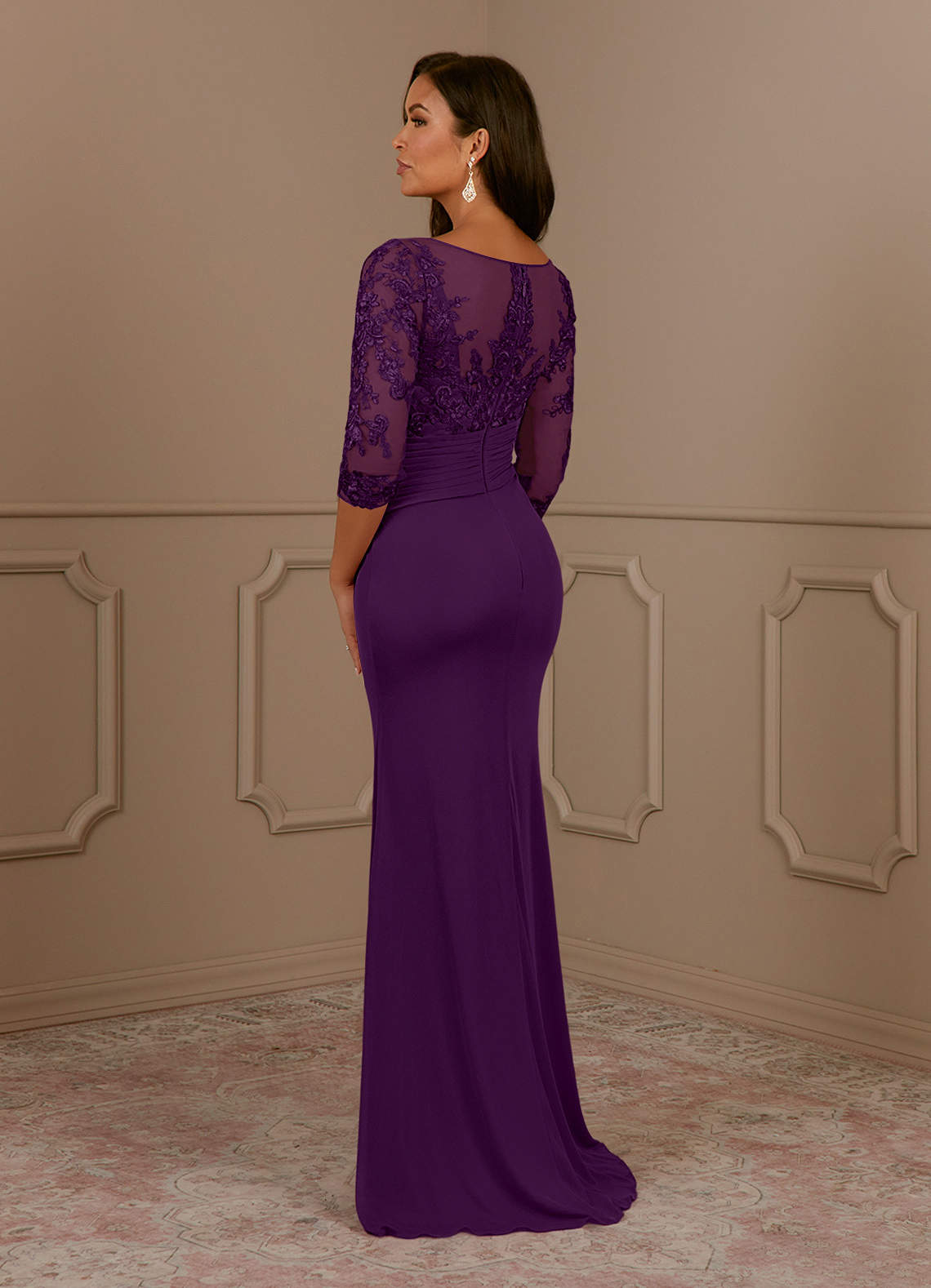 Fatemah Mermaid Scoop-Neck Lace and Mesh Mother of the Bride Dress in Grape